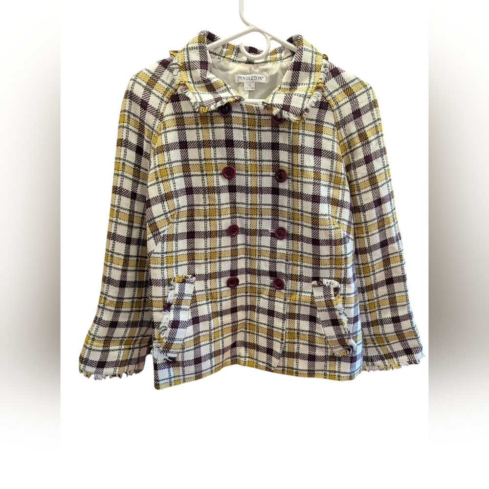 Pendleton Gold Tartan Plaid Blazer 12 Double Breasted Wool Blend Raw Hem Winter